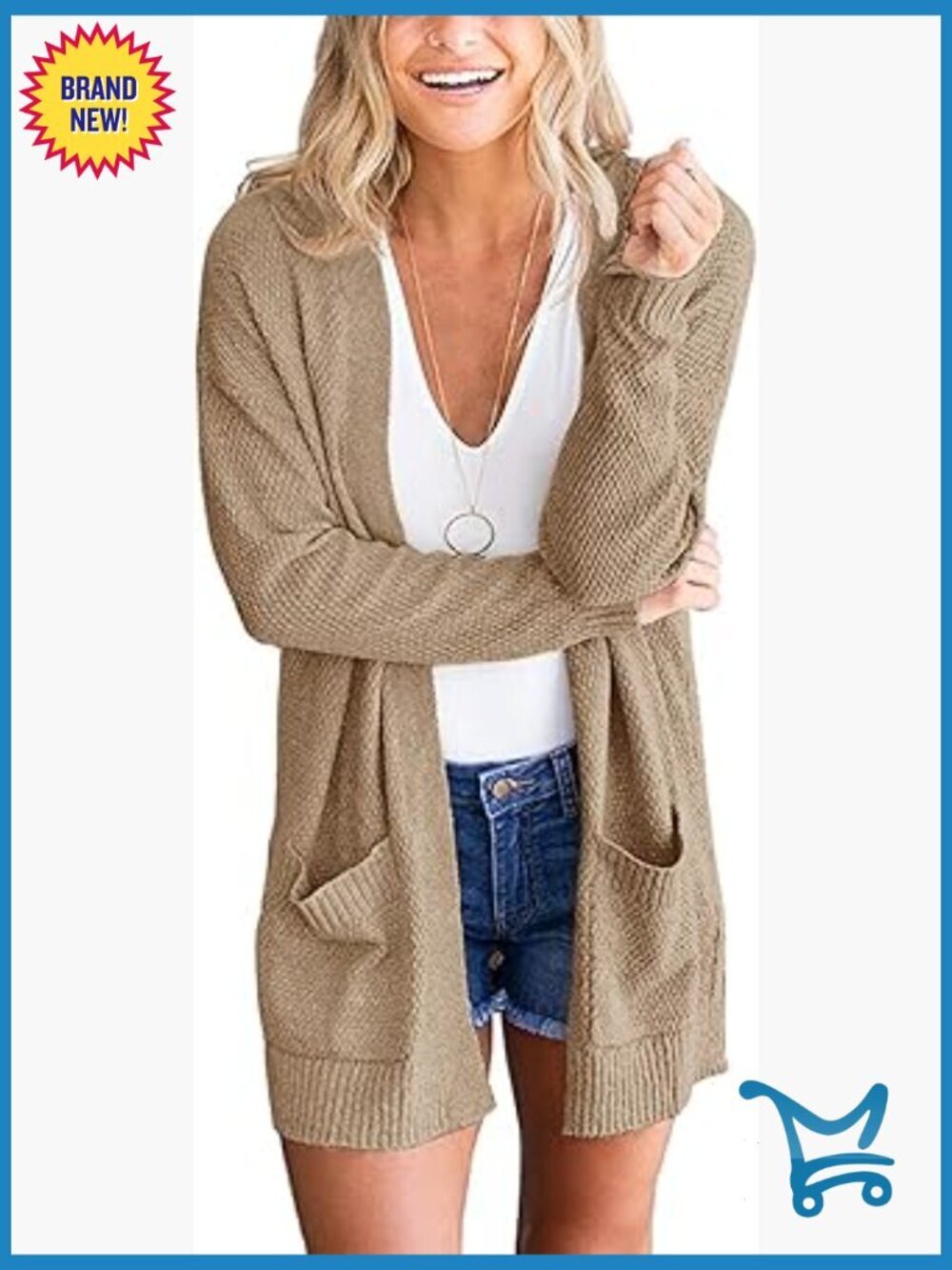 Long Sleeve Open Front Waffle Knit Cardigan Sweater with Pockets